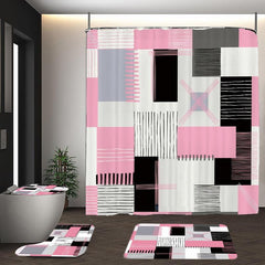 Pink Square Pattern Shower Curtain Set with Accessories