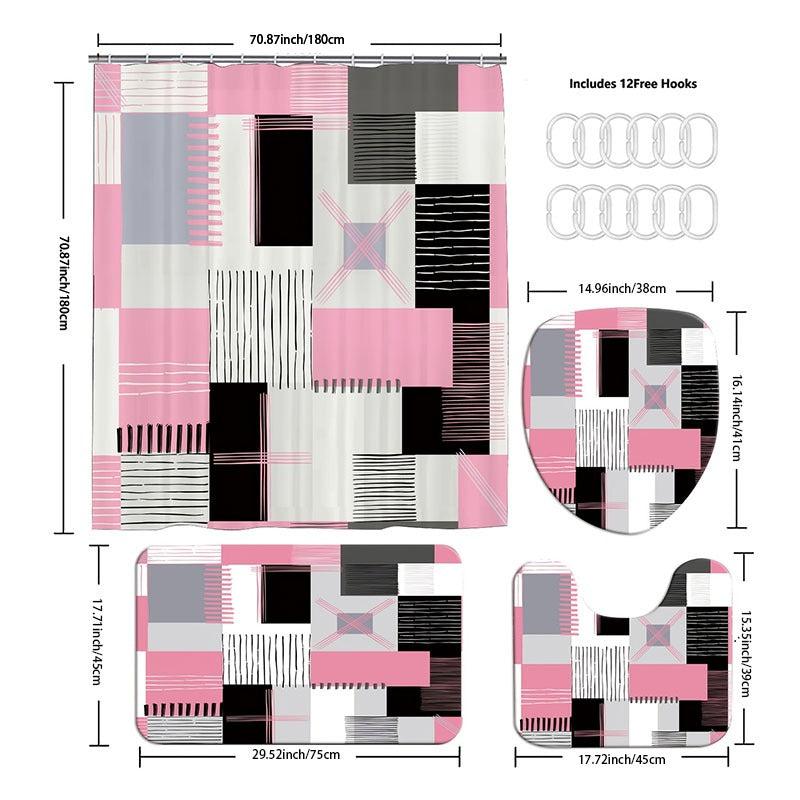 Pink Square Pattern Shower Curtain Set with Accessories