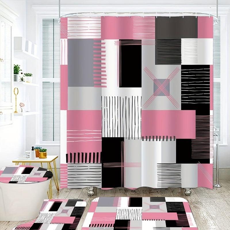 Pink Square Pattern Shower Curtain Set with Accessories