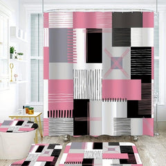 Pink Square Pattern Shower Curtain Set with Accessories