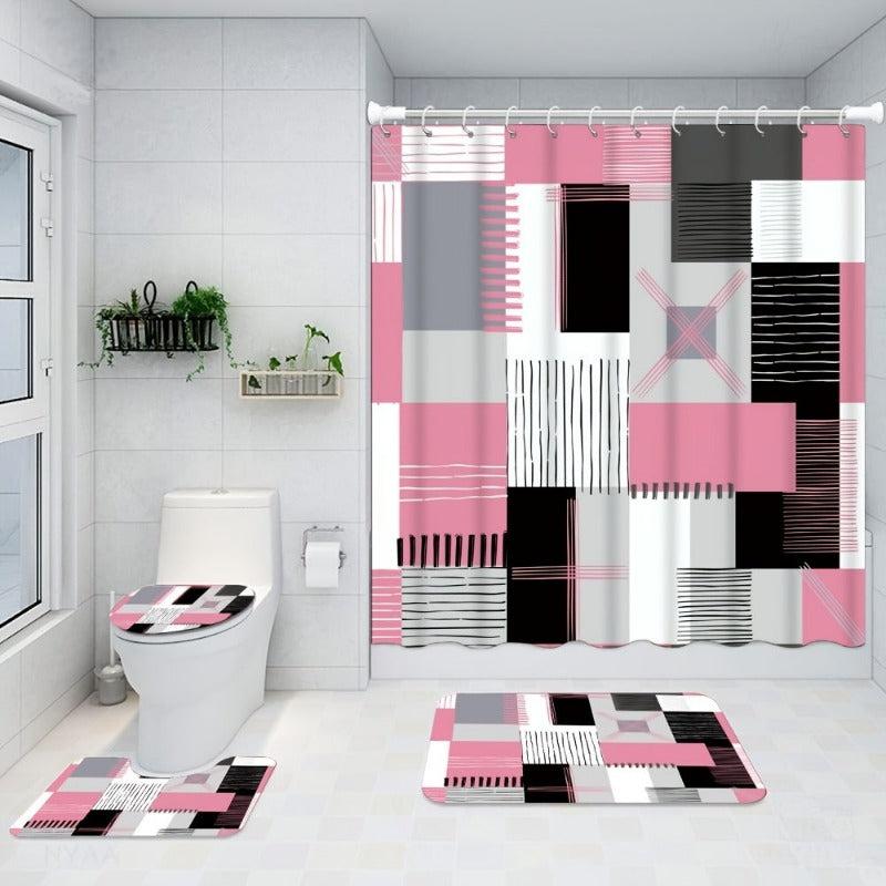 Pink Square Pattern Shower Curtain Set with Accessories