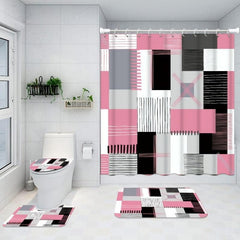 Pink Square Pattern Shower Curtain Set with Accessories