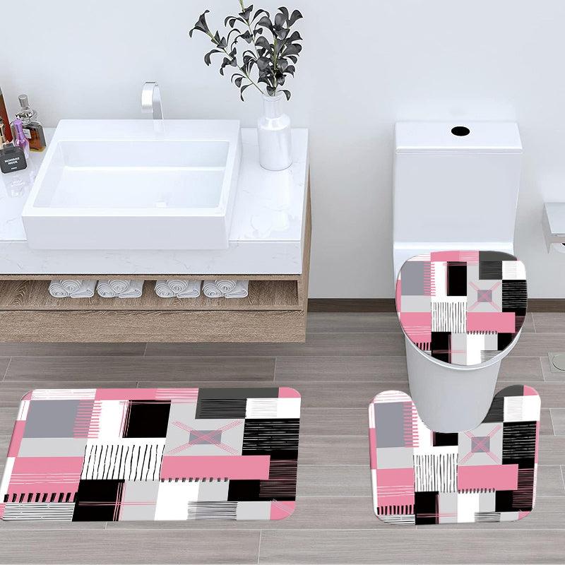Pink Square Pattern Shower Curtain Set with Accessories