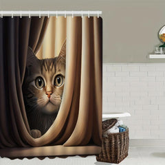 Cozy Cat Shower Curtain Set with Hooks and Non Slip Backing