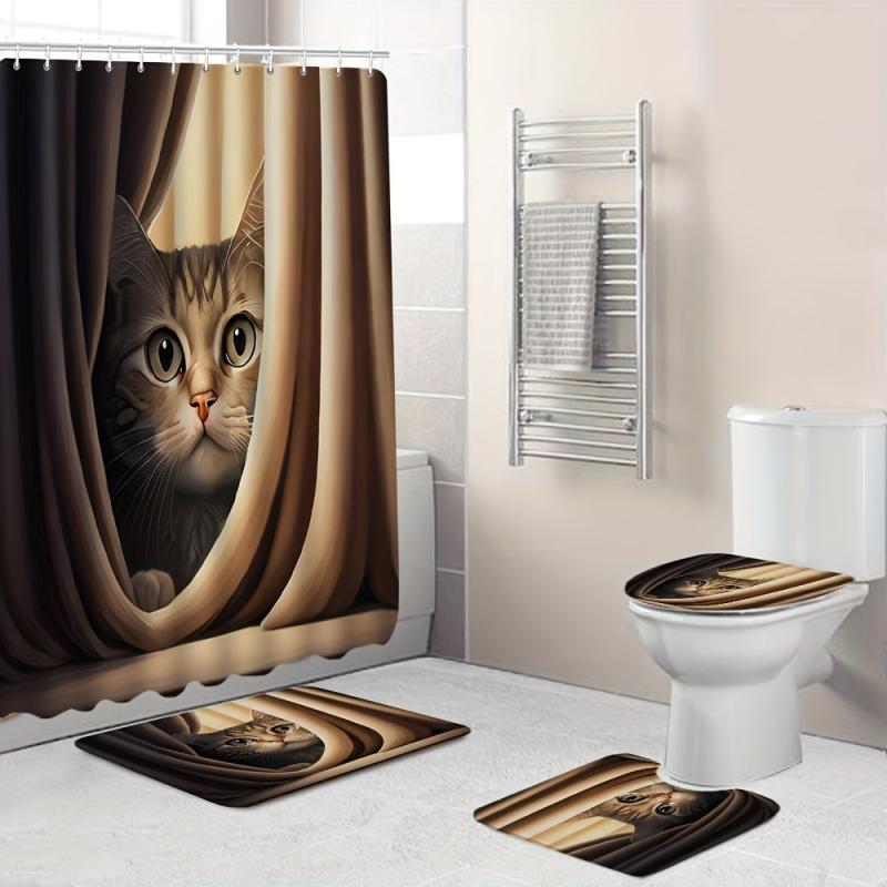 Cozy Cat Shower Curtain Set with Hooks and Non Slip Backing