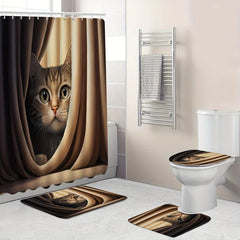 Cozy Cat Shower Curtain Set with Hooks and Non Slip Backing