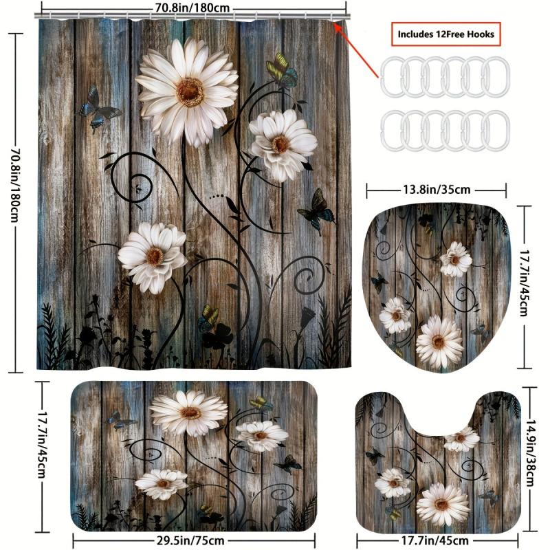 Non Slip Wooden Shower Curtain Set with 12 Hooks and Bathroom Decor