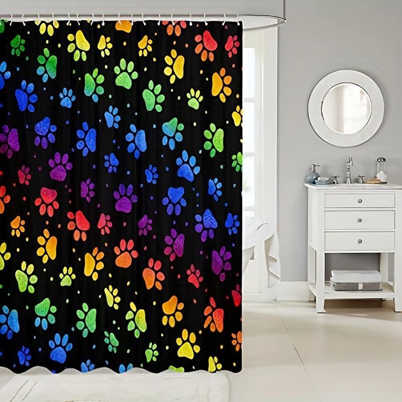 Dog Paw Print Shower Curtain With 12 Hooks Rainbow Gradient Puppy Paw Waterproof