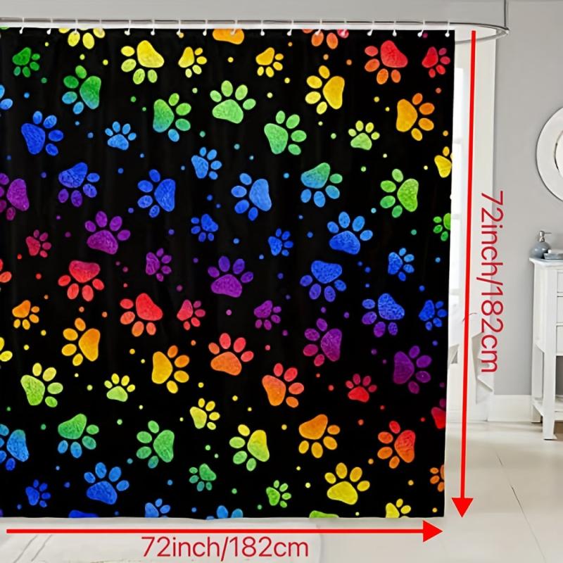 Dog Paw Print Shower Curtain With 12 Hooks Rainbow Gradient Puppy Paw Waterproof