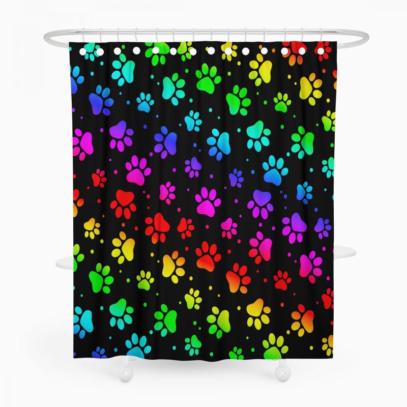 Dog Paw Print Shower Curtain With 12 Hooks Rainbow Gradient Puppy Paw Waterproof