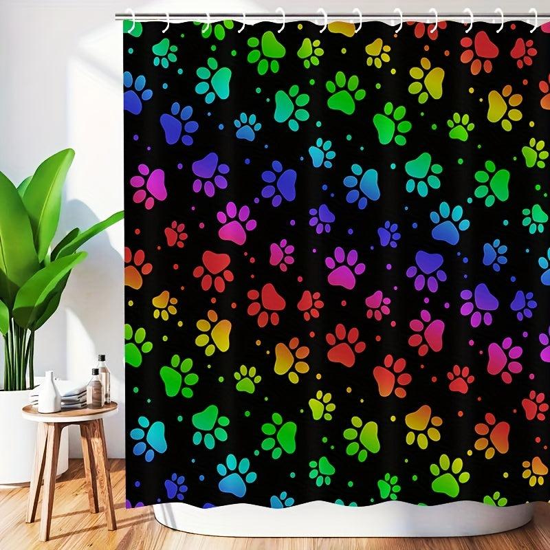 Dog Paw Print Shower Curtain With 12 Hooks Rainbow Gradient Puppy Paw Waterproof
