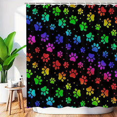 Dog Paw Print Shower Curtain With 12 Hooks Rainbow Gradient Puppy Paw Waterproof