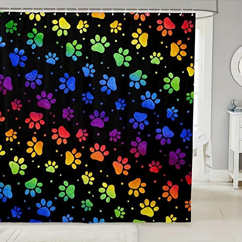 Dog Paw Print Shower Curtain With 12 Hooks Rainbow Gradient Puppy Paw Waterproof