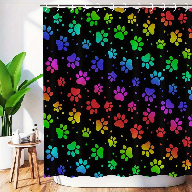 Dog Paw Print Shower Curtain With 12 Hooks Rainbow Gradient Puppy Paw Waterproof