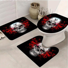 3pcs Skull Shower Curtain Set with Hooks Waterproof Polyester Bath Mats Non Slip