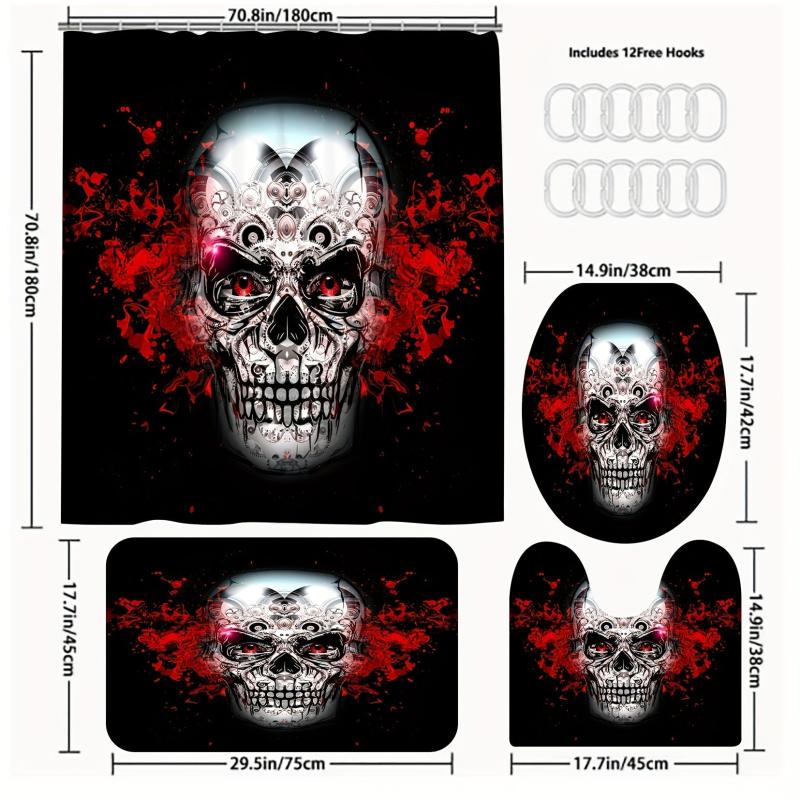 3pcs Skull Shower Curtain Set with Hooks Waterproof Polyester Bath Mats Non Slip