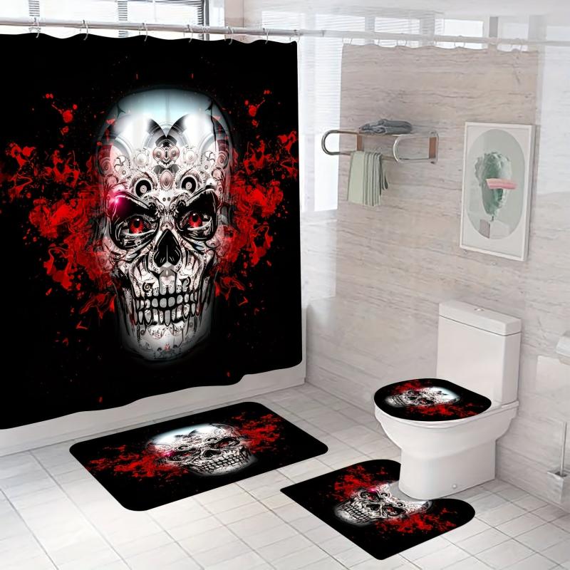 3pcs Skull Shower Curtain Set with Hooks Waterproof Polyester Bath Mats Non Slip