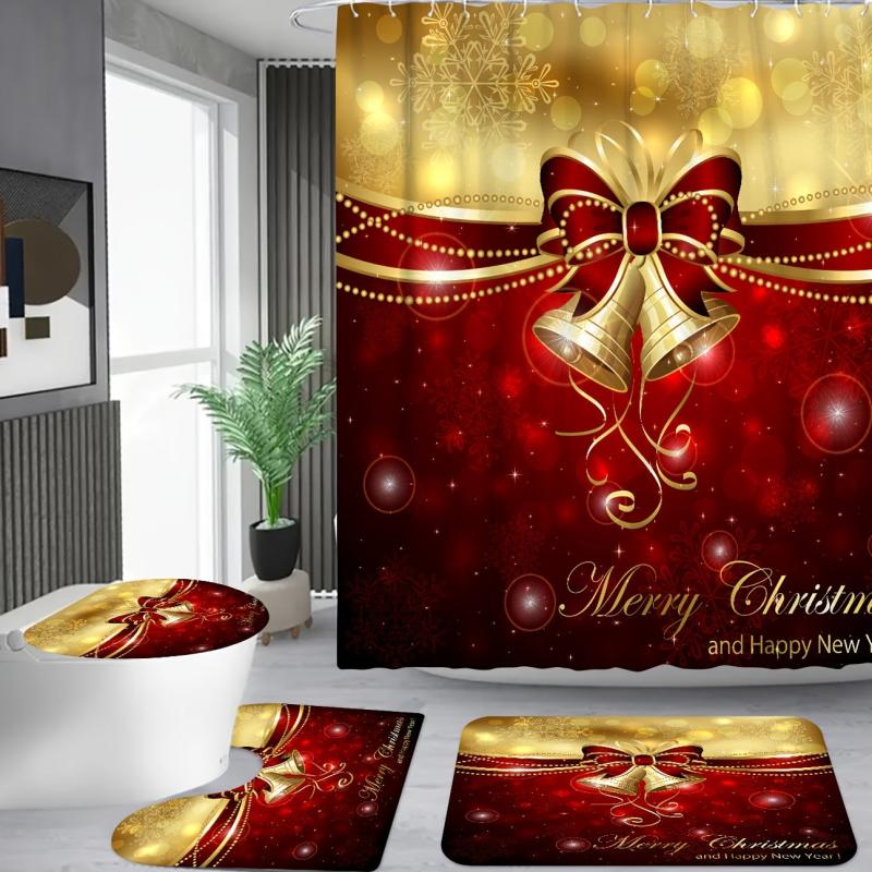 Xmas Bow Bell Bathroom Set with Shower Curtain & Bath Rug
