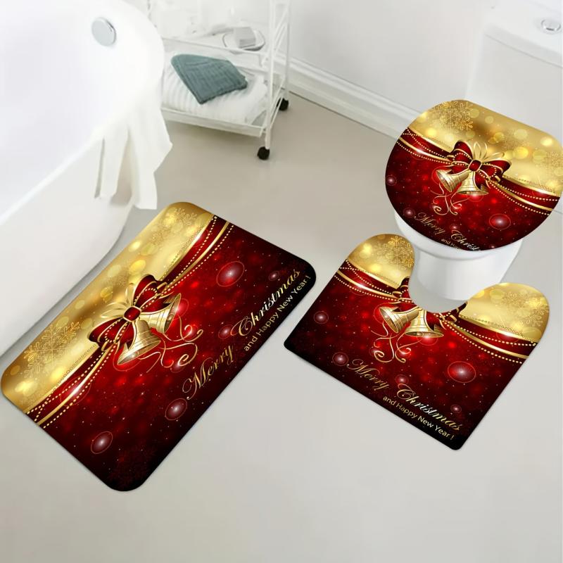 Xmas Bow Bell Bathroom Set with Shower Curtain & Bath Rug