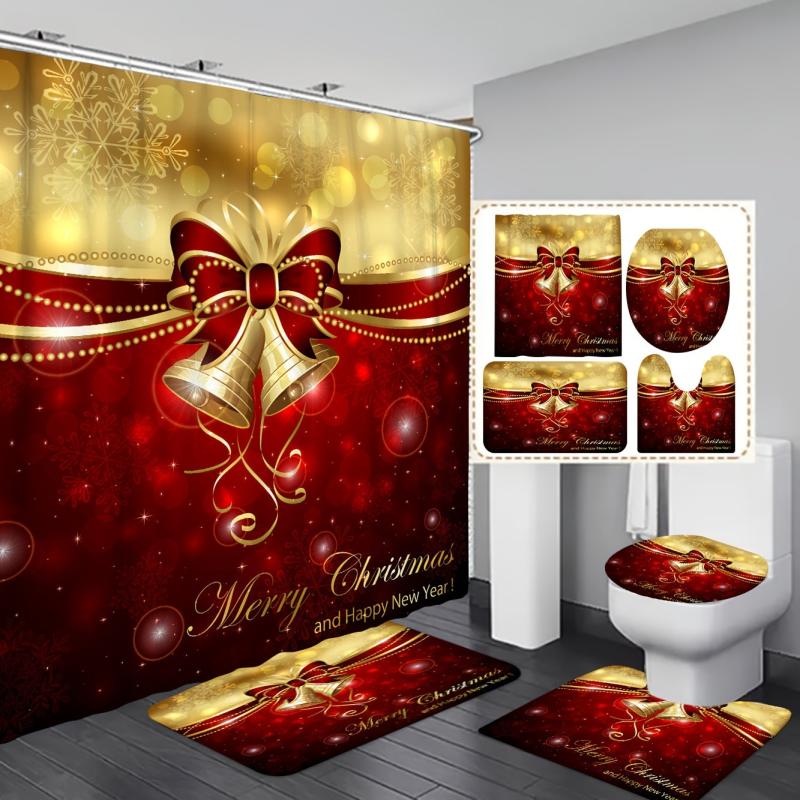 Xmas Bow Bell Bathroom Set with Shower Curtain & Bath Rug
