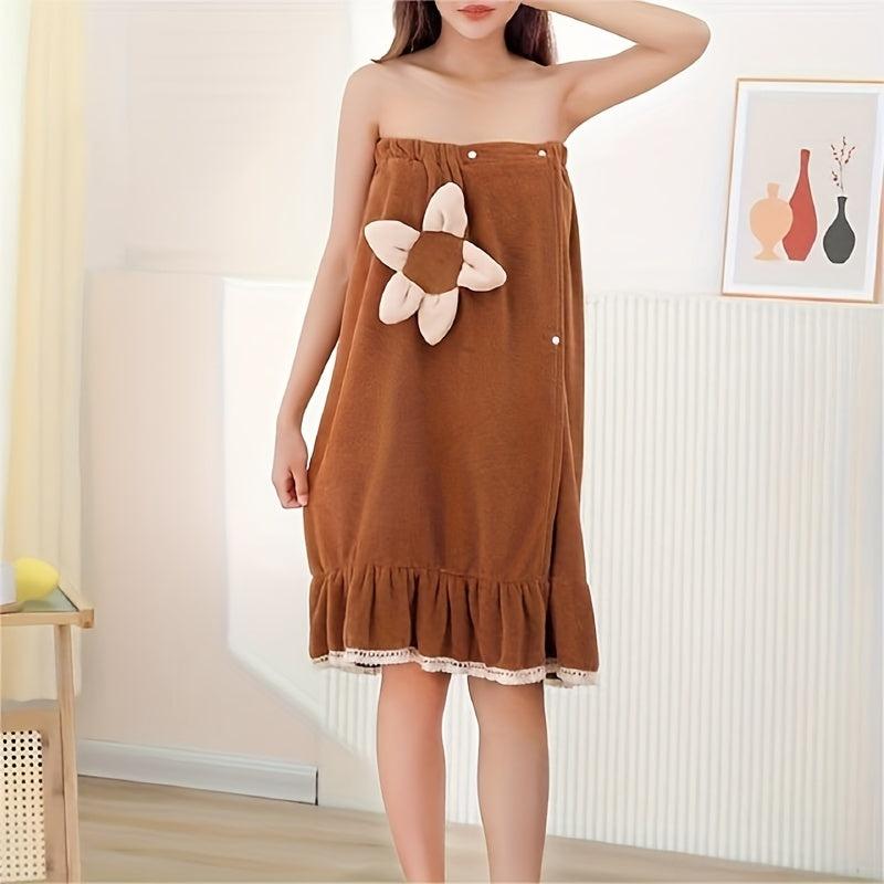 Flower Pattern Wearable Bath Towel Coral Velvet Bath Skirt for Adults Women