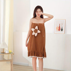 Flower Pattern Wearable Bath Towel Coral Velvet Bath Skirt for Adults Women
