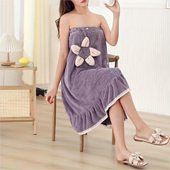 Flower Pattern Wearable Bath Towel Coral Velvet Bath Skirt for Adults Women