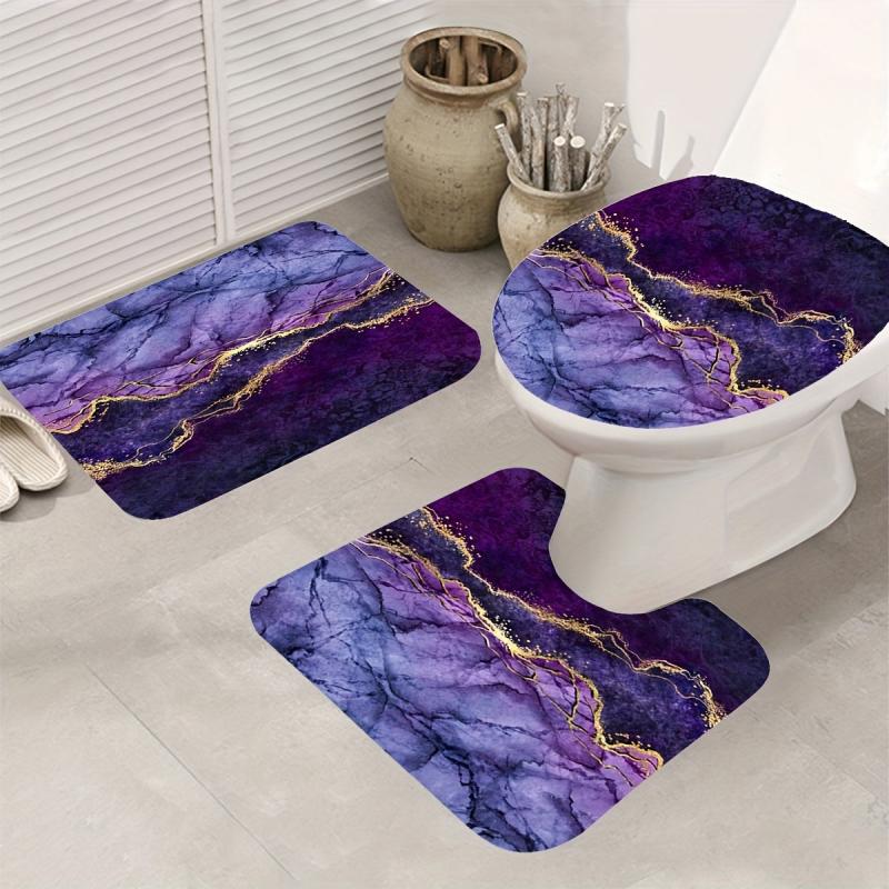 Waterproof Purple Marble Bathroom Set with Shower Curtain and Non Slip Rug