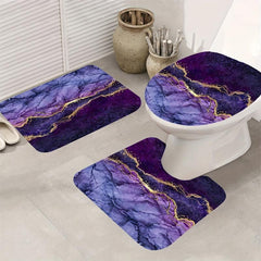 Waterproof Purple Marble Bathroom Set with Shower Curtain and Non Slip Rug