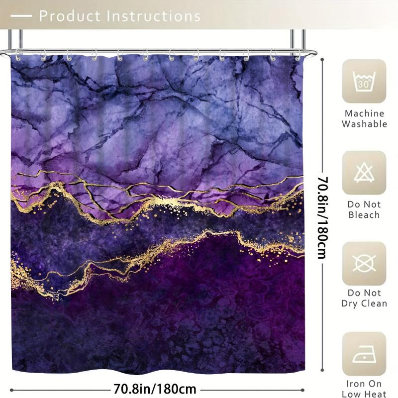 Waterproof Purple Marble Bathroom Set with Shower Curtain and Non Slip Rug