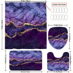 Waterproof Purple Marble Bathroom Set with Shower Curtain and Non Slip Rug