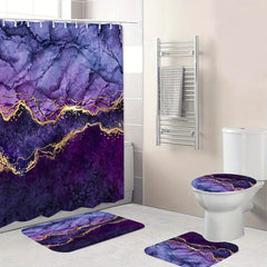 Waterproof Purple Marble Bathroom Set with Shower Curtain and Non Slip Rug