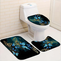 4pcs Butterfly Bathroom Set: Non-slip Mat, U-shaped Toilet Mat, Cover