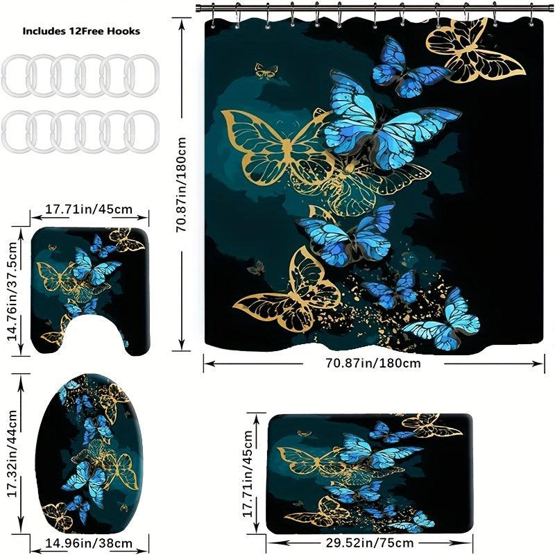 4pcs Butterfly Bathroom Set: Non-slip Mat, U-shaped Toilet Mat, Cover