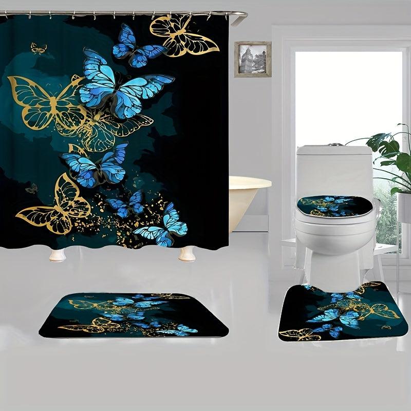 4pcs Butterfly Bathroom Set: Non-slip Mat, U-shaped Toilet Mat, Cover