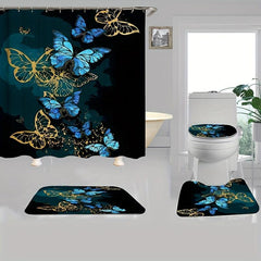 4pcs Butterfly Bathroom Set: Non-slip Mat, U-shaped Toilet Mat, Cover