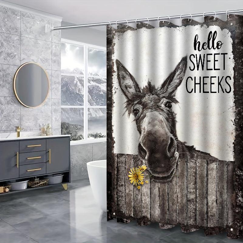 4pcs Donkey Printed Bath Set with Waterproof Curtain and Rug