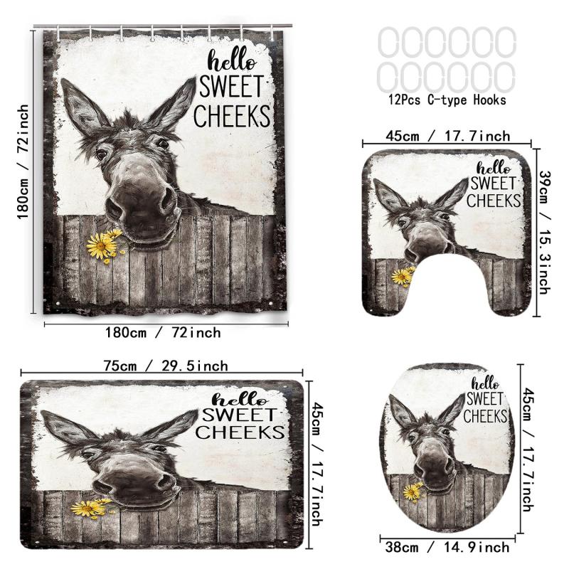 4pcs Donkey Printed Bath Set with Waterproof Curtain and Rug