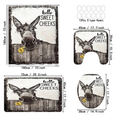 4pcs Donkey Printed Bath Set with Waterproof Curtain and Rug