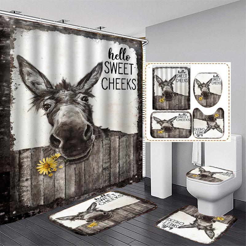 4pcs Donkey Printed Bath Set with Waterproof Curtain and Rug