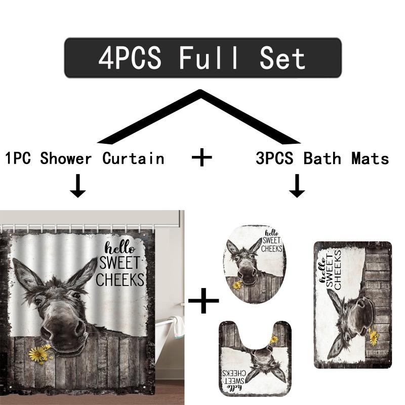 4pcs Donkey Printed Bath Set with Waterproof Curtain and Rug