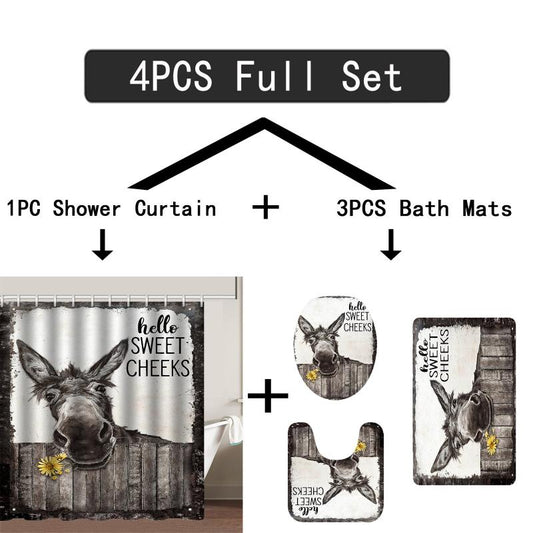 4pcs Donkey Printed Bath Set with Waterproof Curtain and Rug