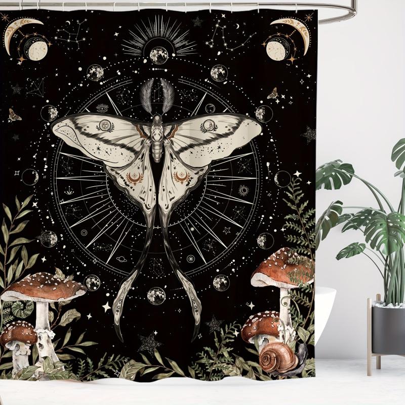 Butterfly Moon Pattern Shower Curtain with Hooks