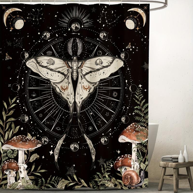 Butterfly Moon Pattern Shower Curtain with Hooks