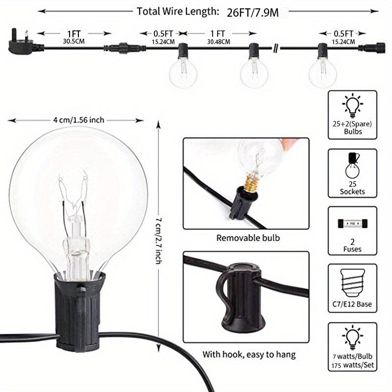 26ft G40 Outdoor Light String 25 Bulbs Waterproof Decorative Lights