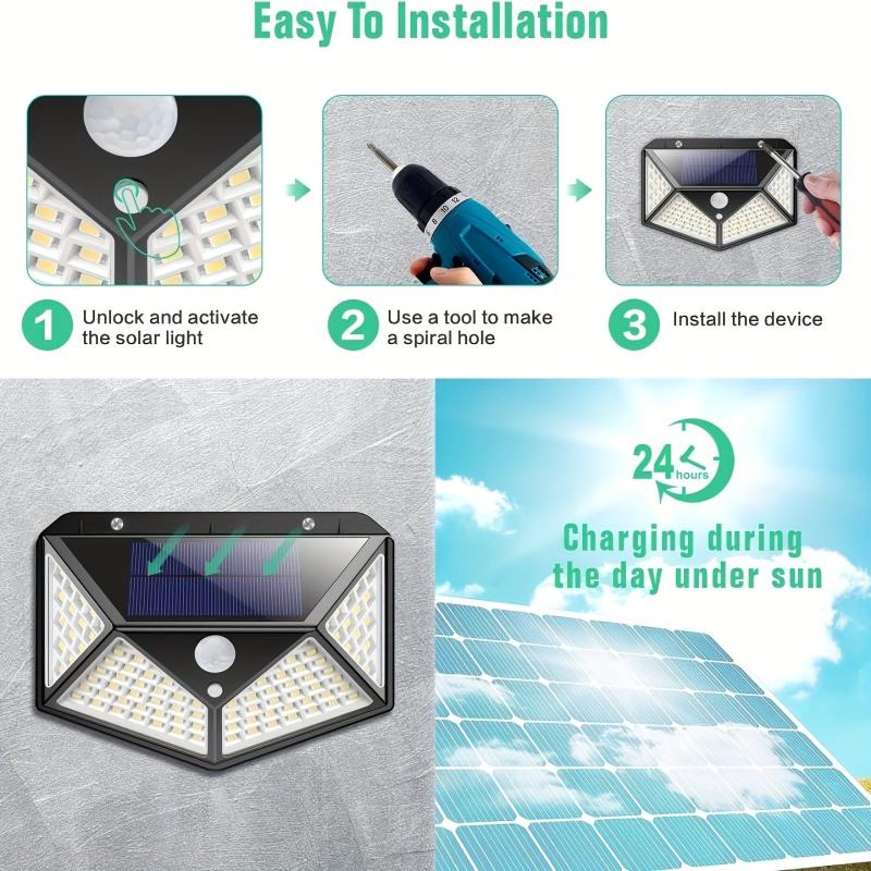 100LED Solar Wall Lamp Three sided Outdoor Lighting