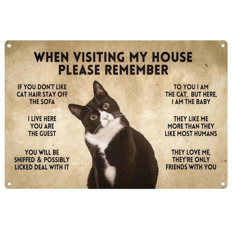 Funny Tuxedo Cat Rules Metal Sign - Cat Apartment Decor - Caution Sign