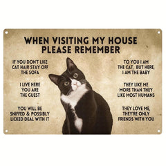 Funny Tuxedo Cat Rules Metal Sign - Cat Apartment Decor - Caution Sign