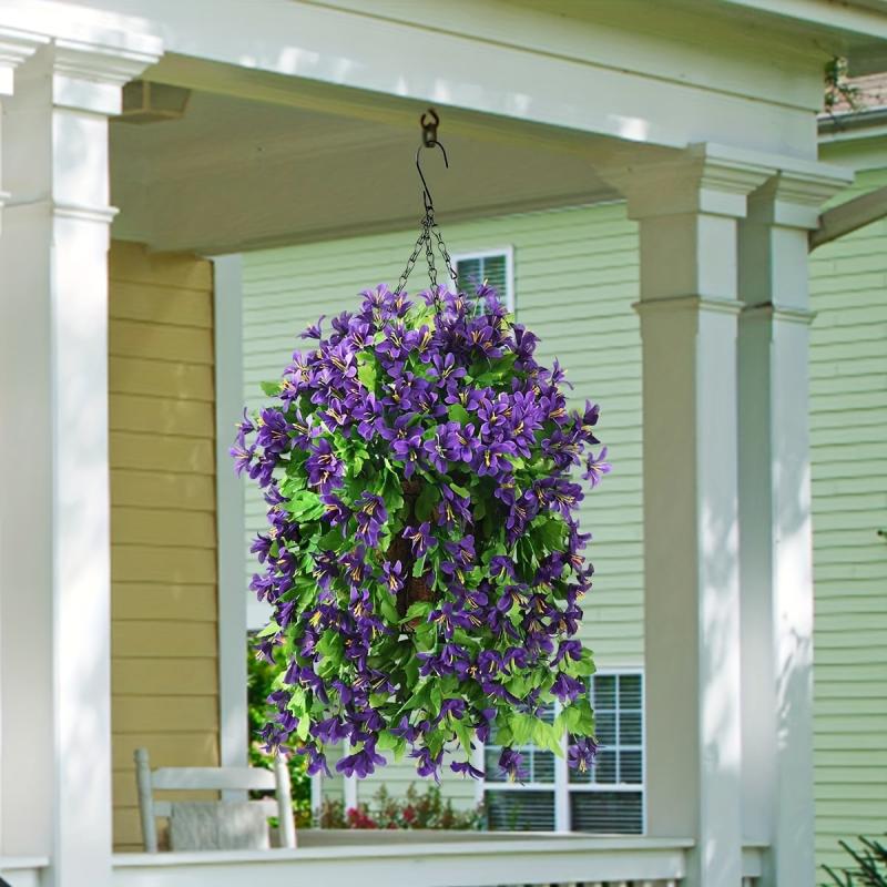 2pcs Artificial Hanging Violet Flowers In Basket For Patio Garden Decor