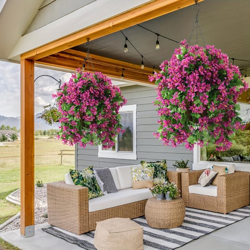 2pcs Artificial Hanging Violet Flowers In Basket For Patio Garden Decor